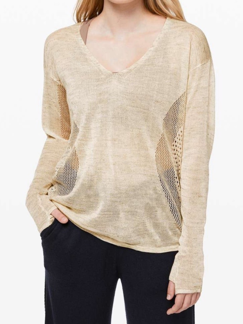 Light Beige V-Neck Open Knit Sweater